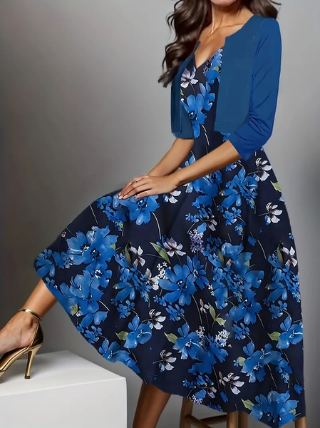 

Regular Fit Cotton-Blend Elegant Floral Two-Piece Set, Blue, Suit Set
