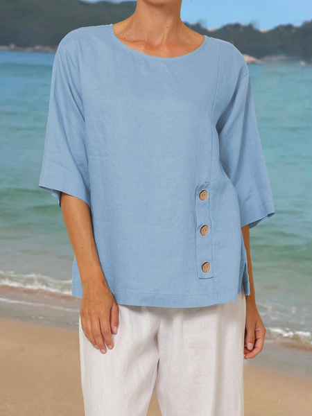 

Loose Crew Neck Simple Cotton Linen Style Shirt, Light blue, Blouses & Shirts