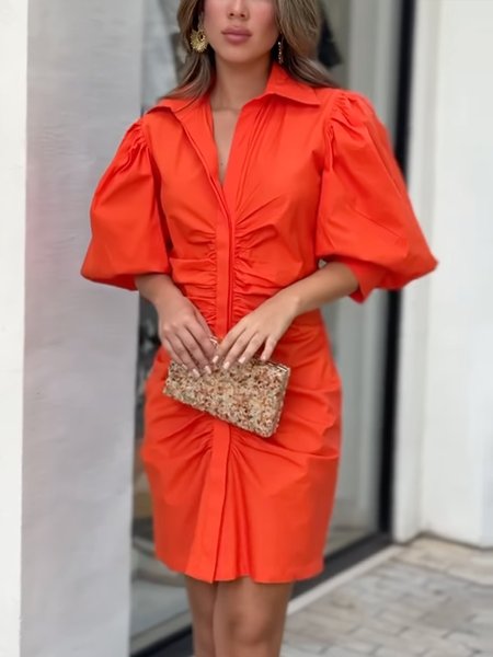 

Regular Fit Shirt Collar Elegant Plain Mini Dress, Orange, Mini Dresses