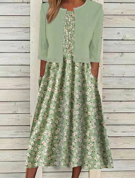 

Disty Floral Elegant Crew Neck Regular Fit Two-Piece Set, Green, Suit Set