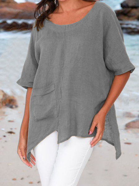 

Cotton Casual Loose Plain Linen Style Shirt, Gray, Blouses & Shirts