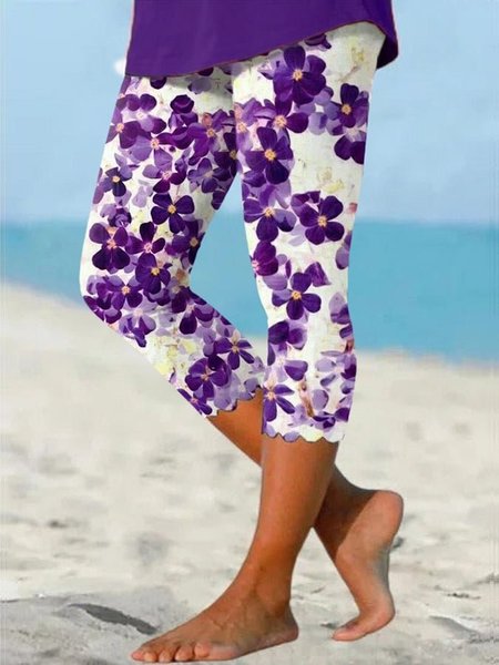 

Knitted Regular Fit Casual Floral Leggings, Purple, Leggings