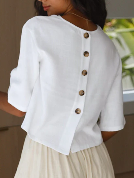 

Women's Short Sleeve Blouse Summer Plain Buckle Cotton Crew Neck Daily Going Out Casual Top White, Shirts & Blouses