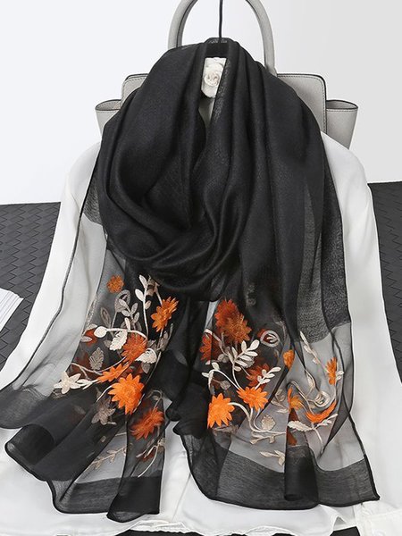 

Elegant Floral Embroidery Imitation Silk Scarf, Black, Scarves & Gloves