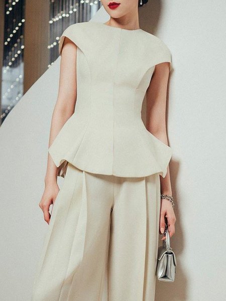 

Regular Fit Crew Neck Elegant Plain Shirt, Apricot, Blouses and Shirts