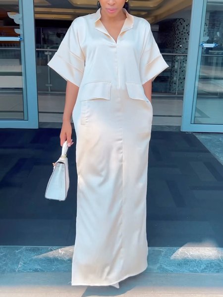 

Plain Stand Collar Casual Loose Dress, Beige, Maxi Dresses