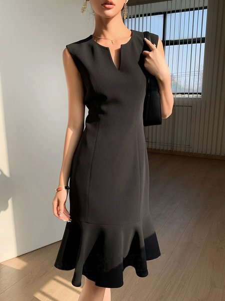 

Elegant V Neck Flouncing Plain Dress, Black, Midi Dresses