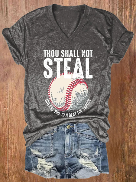 

V-neck Retro Baseball Thou Shall Not Steal Unless You Can Beat The Throw Print Casual Text Letters V Neck T-Shirt, Deep gray, T-shirts