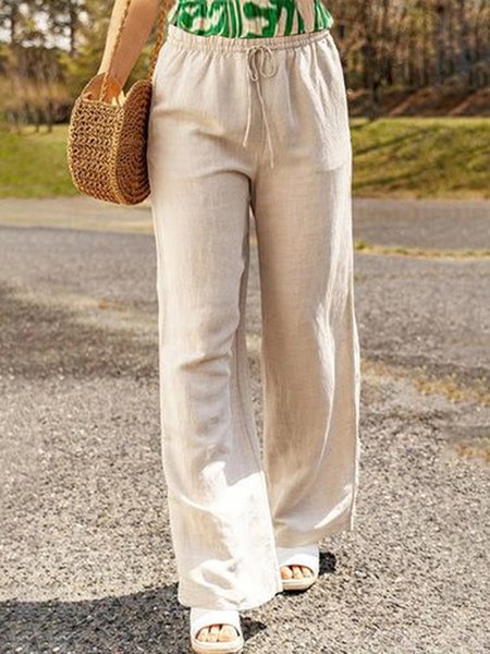 

Plain Casual Loose Linen Pants, Apricot, Pants