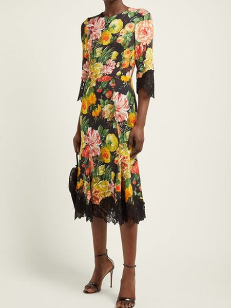 

Floral Printing Urban Crew Neck Dress, As picture, Midi Dresses