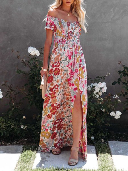 

Women Floral Boat Neck Short Sleeve Comfy Simple Maxi Dress, Flower, Maxi