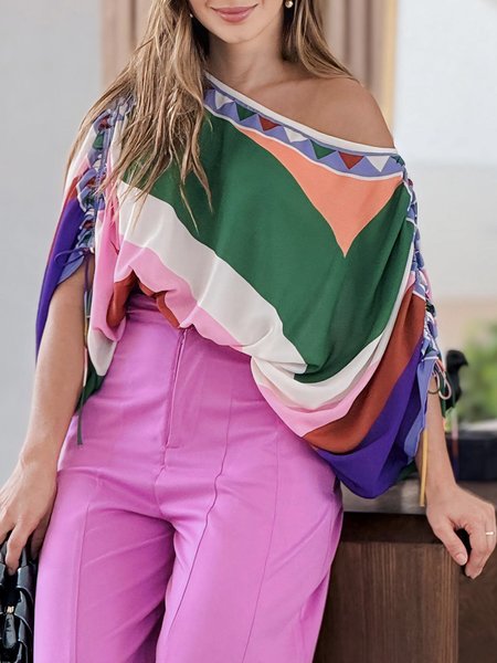 

Half Sleeve Geometric Loose Vacation Shirt, As picture, Blouses and Shirts