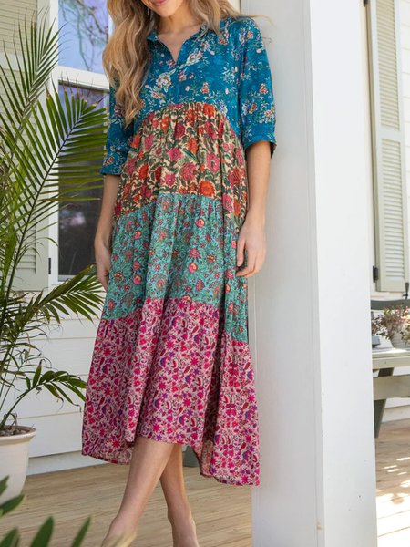 

Women Contrast Stitching Shirt Collar Half Sleeve Comfy Boho Maxi Dress, Multicolor, Dresses