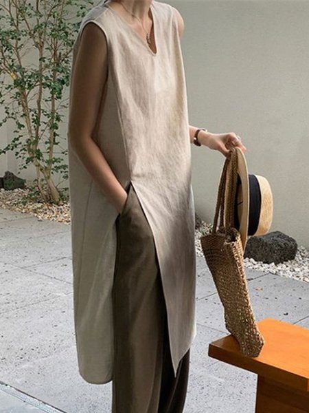

V Neck Daily Casual Plain Loose Shirt, Apricot, Blouses and Shirts
