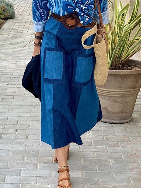 

Denim Regular Fit Urban Color Block Denim Skirt, Blue, Denim Skirts