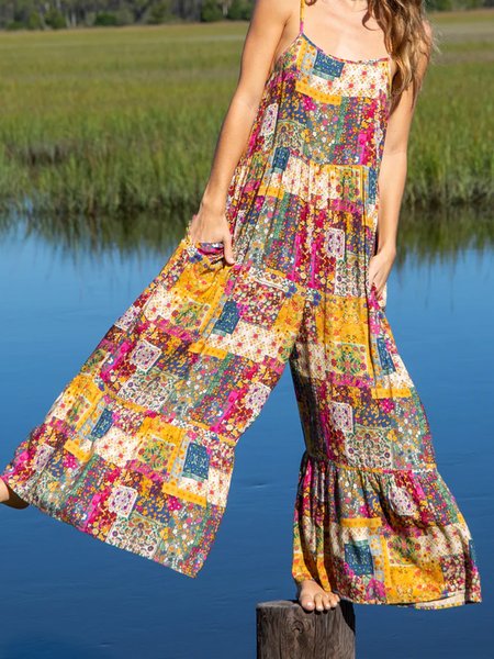 

Women Sleeveless Spaghetti Loose Long Daily Casual Contrast Stitching Natural Jumpsuit, Multicolor, Jumpsuits&Rompers