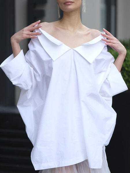 

Cold Shoulder Short Sleeve Loose Plain Urban Blouse, White, Blouses and Shirts
