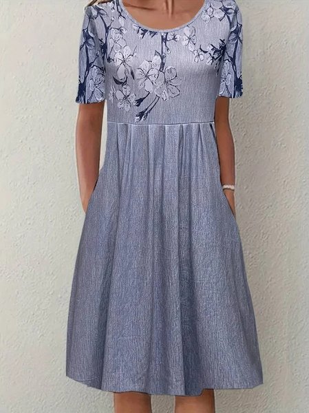 

Crew Neck Floral Loose Casual Dress, Grey-blue, Dresses
