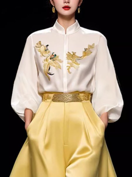 

Stand Collar Urban Loose Shirt, White, Blouses and Shirts