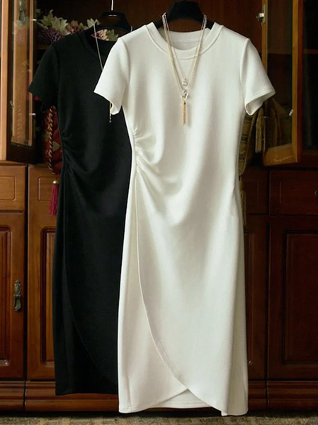

Women Plain Crew Neck Short Sleeve Comfy Casual Midi Dress, Black, Dresses