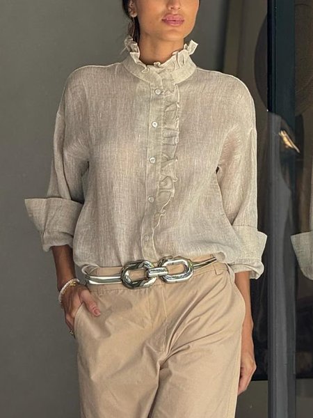 

Loose Casual Lotus Leaf Collar Plain Blouse, As picture, Blouses and Shirts