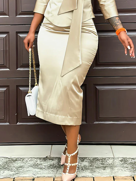 

Regular Fit Micro-Elasticity Elegant Plain Midi Skirt, As picture, Skirts