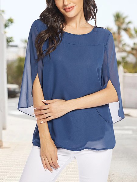 

Elegant Crew Neck Plain Chiffon Shirt, Blue, Shirts & Blouses