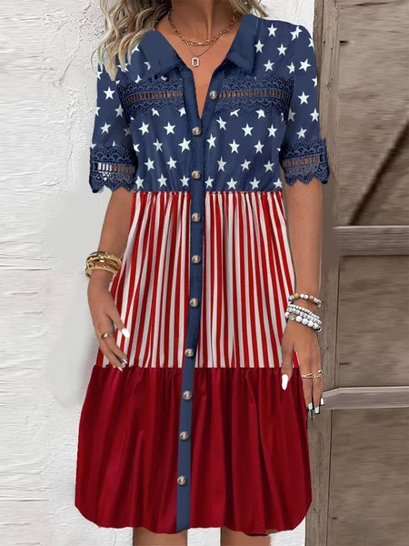 

Casual Lace Edge Cotton-Blend Loose Dress, Red-blue, Dresses