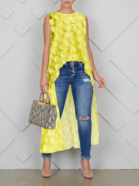 

Loose Vacation Plain Crew Neck Sleeveless Shirt, Yellow, Blouses and Shirts