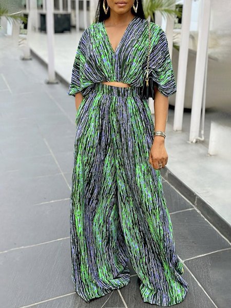 

V Neck Urban Regular Fit Striped Two-Piece Set, Green, Two-piece Set