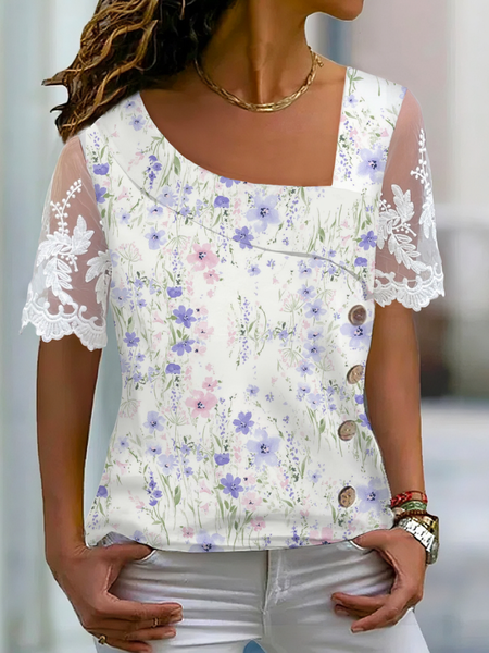 

Casual Disty Floral Asymmetrical Short Sleeve T-shirt, White, T-shirts