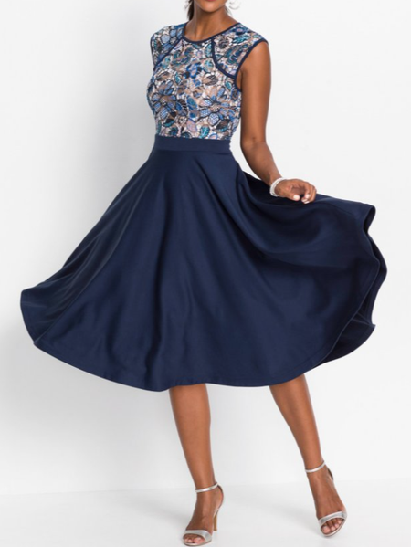 

Lace Crew Neck Color Block Satin Regular Fit Elegant Dress, Dark blue, Dresses