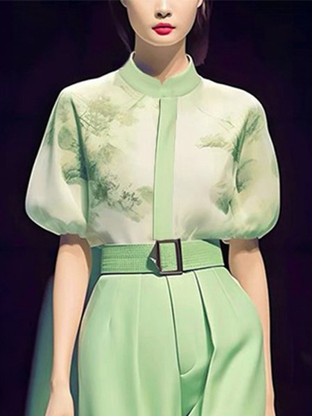 

Elegant Regular Fit Shirt Collar Abstract Blouse, Green, Blouses and Shirts