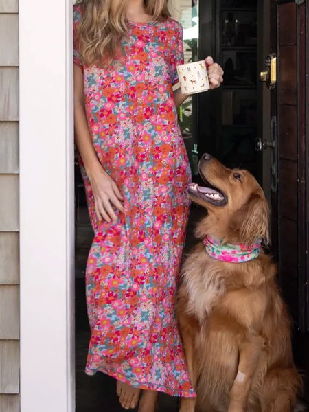 

Women Small Floral Crew Neck Short Sleeve Comfy Boho Maxi Dress, Red, Dresses