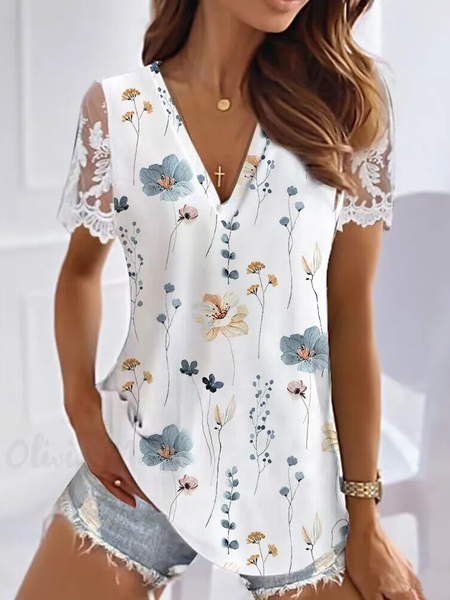

V Neck Long Sleeve Floral Lace Regular Micro-Elasticity Loose Shirt For Women, White, Blouses