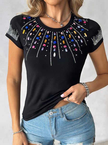 

Elegant Hot Drilling Ruffled Sleeves T-Shirt, Black, T-Shirts