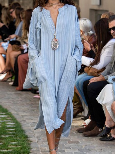 

Women Striped V Neck Long Sleeve Comfy Vacation Maxi Dress, Sky blue, Dresses