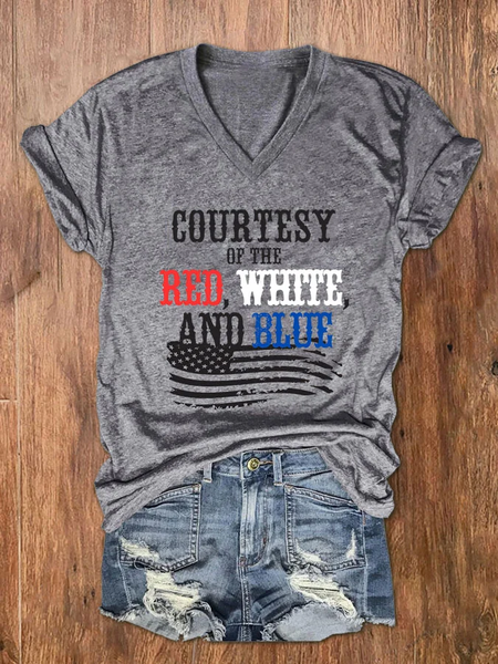 

Women's Courtesy Of The Red White And Blue V Neck Casual Flag Cotton-Blend T-Shirt, Light gray, T-shirts