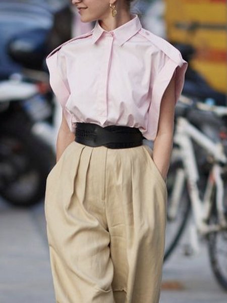 

Urban Daily Shirt Collar Plain Blouse, Pink, Blouses and Shirts