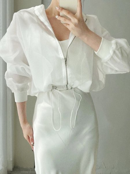 

Plain Casual Hoodie Loose Jacket, White, Jackets