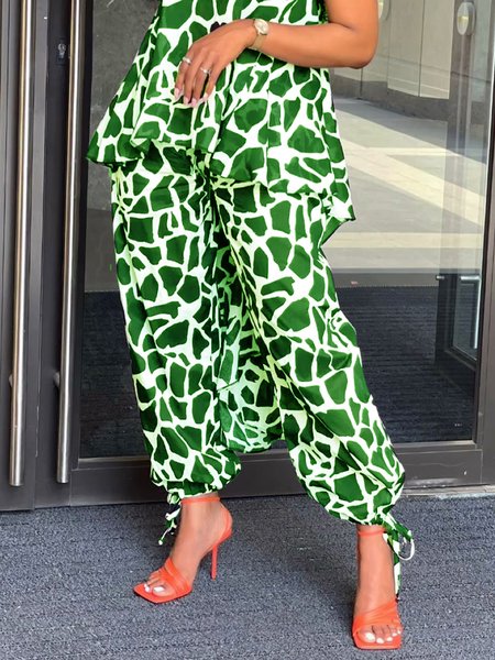 

Loose Casual Leopard Ankle Banded Pants, Green, Pants