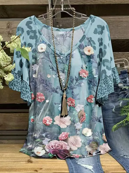 

Floral Casual Ruffled Sleeves Loose Knitted Shirt, Blue, Shirts & Blouses