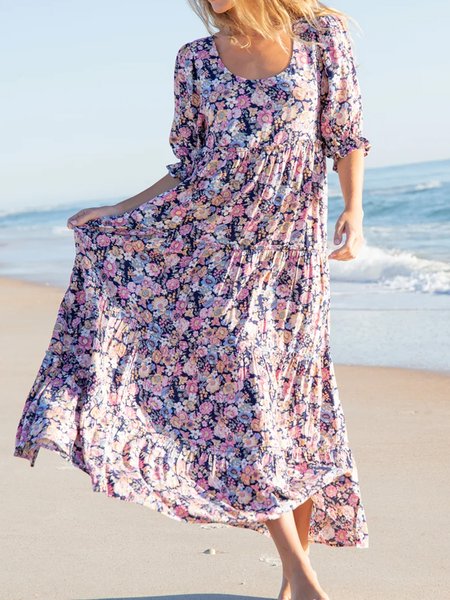 

Women Small Floral Crew Neck Short Sleeve Comfy Boho Maxi Dress, Multicolor, Maxi