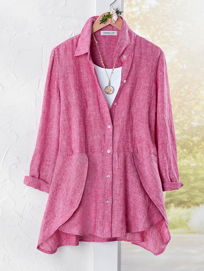 

Loose Simple Shirt Collar Plain Linen Style Blouse, Rose red, Blouses & Shirts