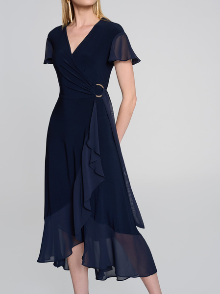 

V Neck Elegant Chiffon Flouncing Dress, Dark blue, Dresses