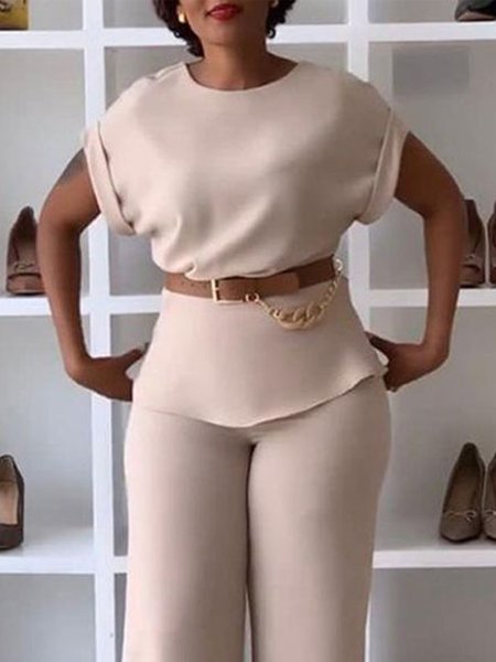 

Casual Crew Neck Regular Fit Plain Shirt With No Belt, As picture, Blouses and Shirts