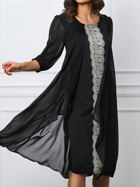 

Elegant Crew Neck Loose Plain Lace Edge Dress, Black, Dresses