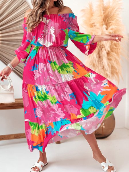 

Women Floral Boat Neck Long Sleeve Comfy Casual Maxi Dress, Deep pink, Maxi