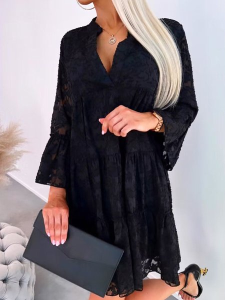 

Women Plain V Neck Long Sleeve Comfy Casual Lace Short Dress, Black, Short
