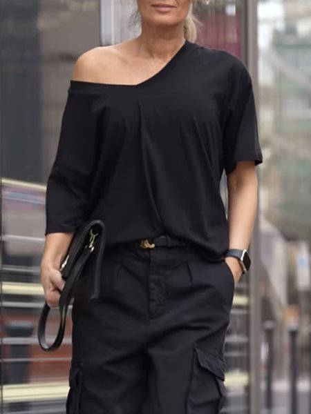 

Short Sleeve Casual Plain Regular Fit T-Shirt, Black, Tees